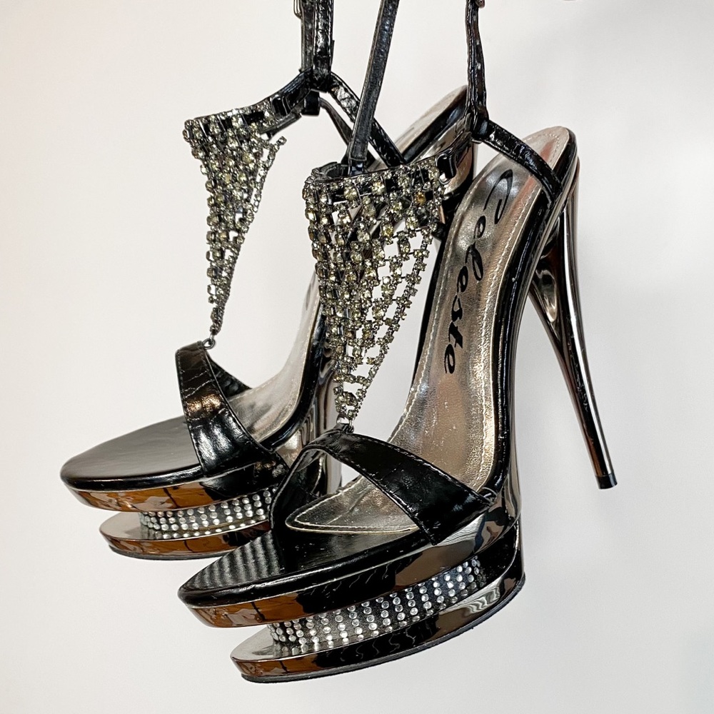 Vintage Sexy Celeste platform bedazzled open toed black strappy high heels